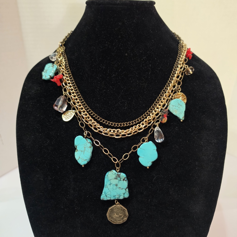 Express Faux Turquoise Necklace Blue Faux Stone Beaded Statement Chunky 20" EUC
